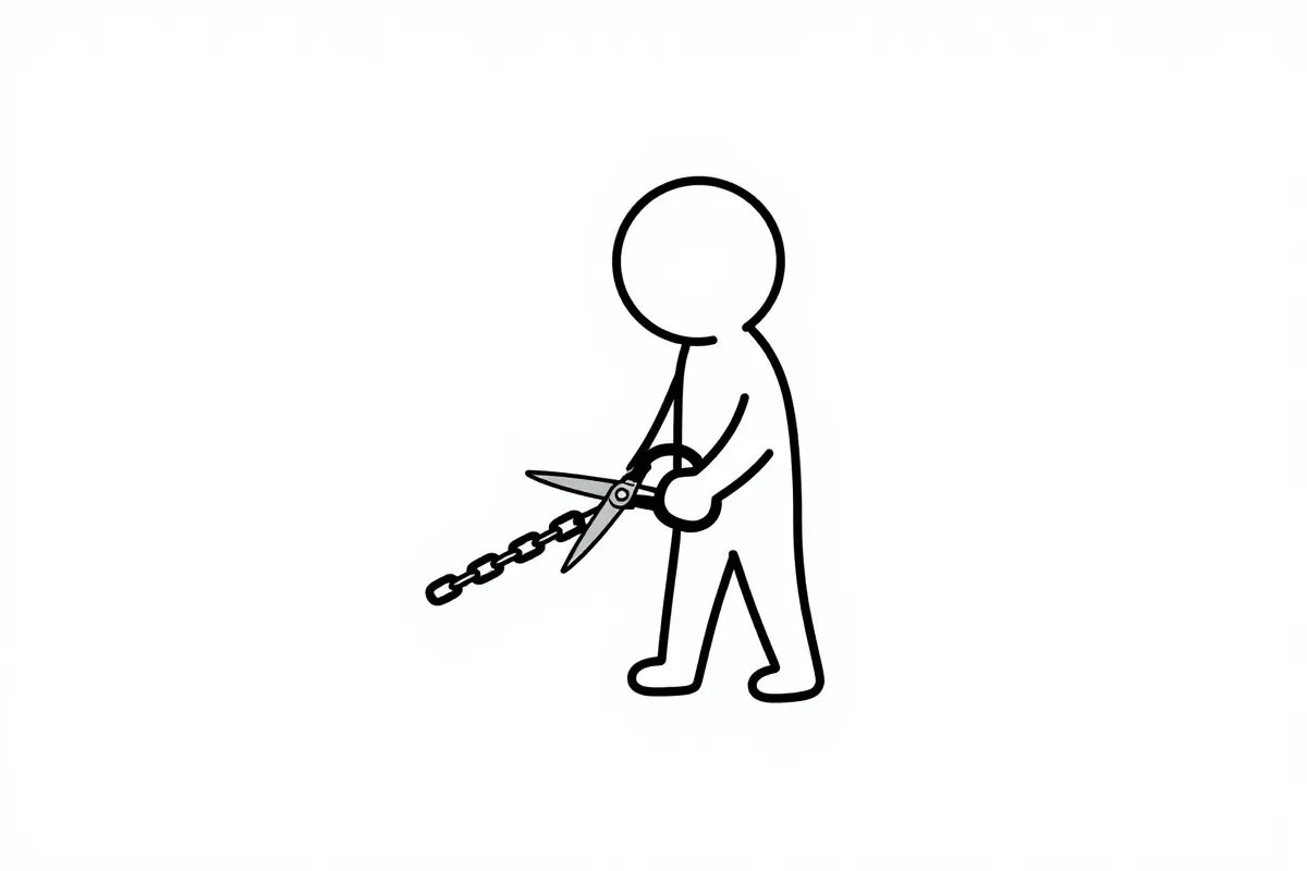 a stick figure cutting a chain with scissors