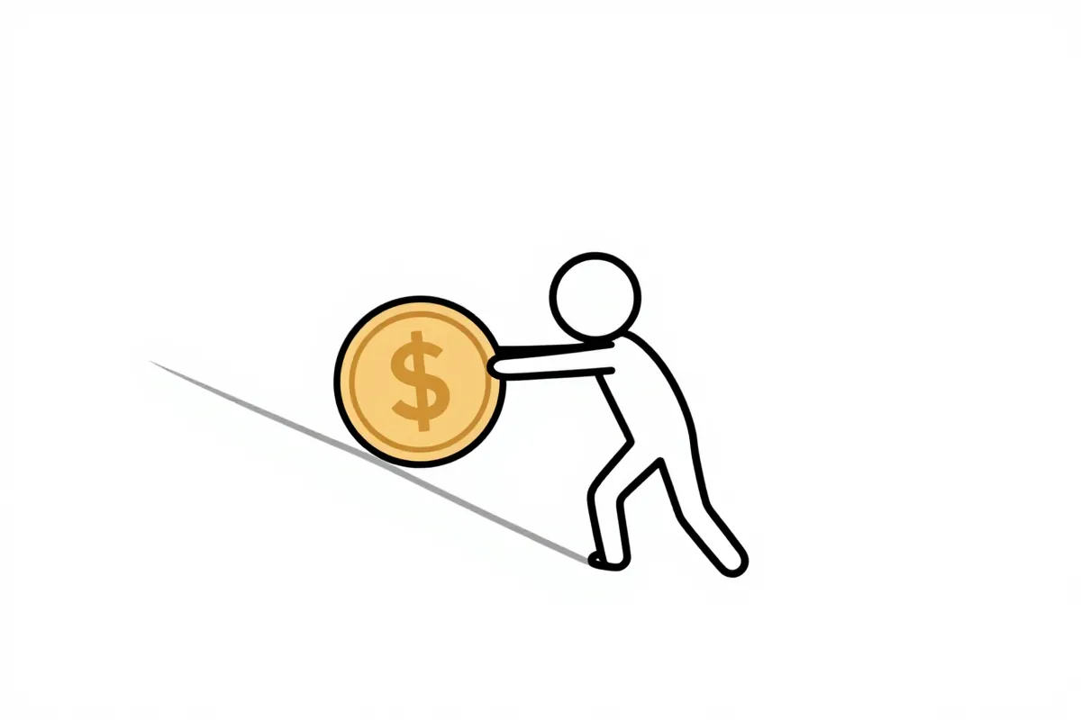 a stick figure pushing a large coin uphill