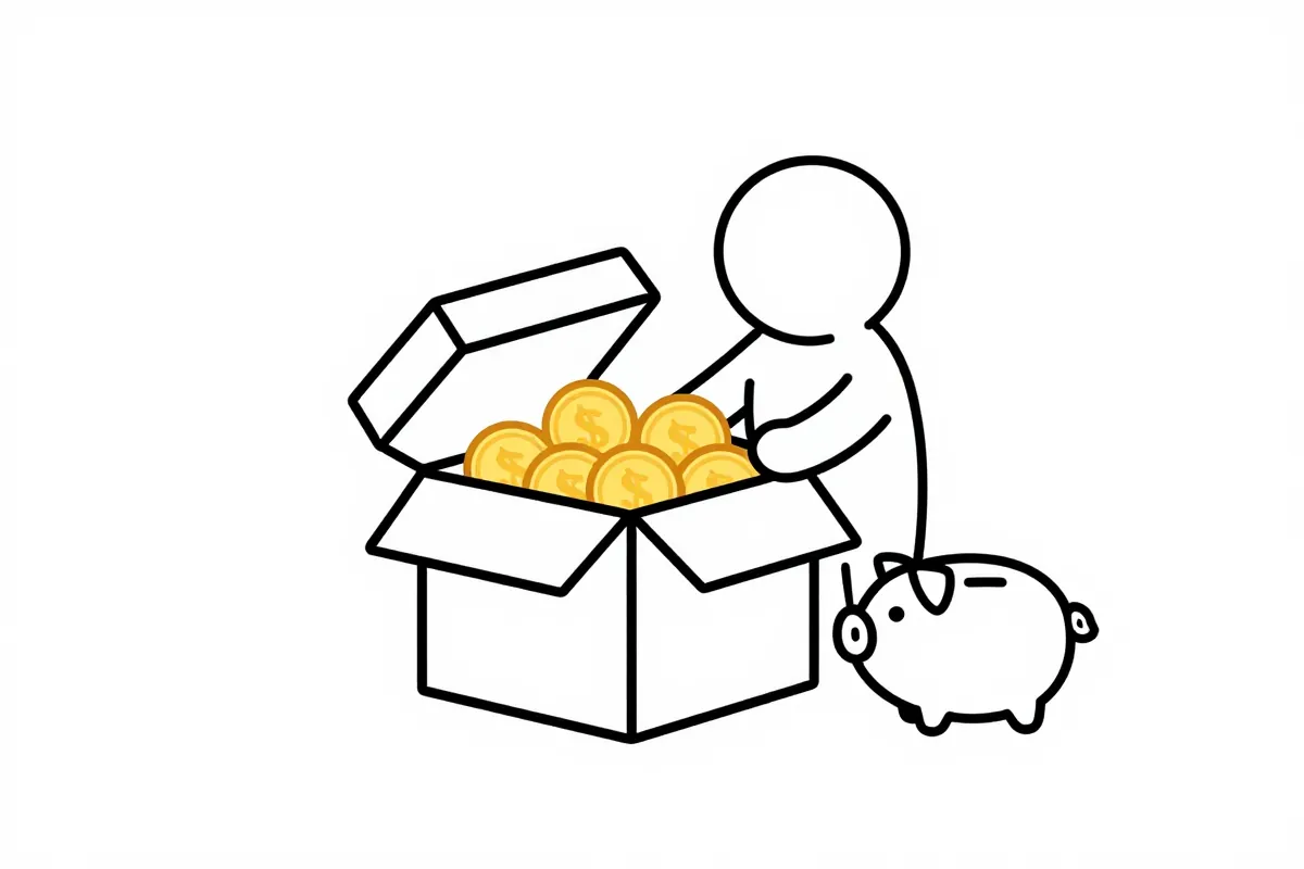 an open gift box with golden coins spilling out, a small piggy bank beside it