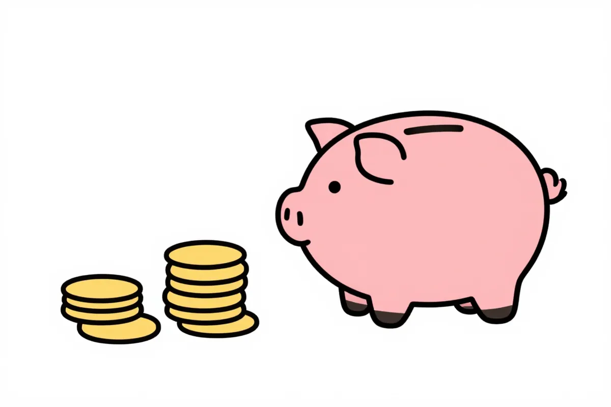 a round pink piggy bank beside three ascending stacks of golden coins on a plain background