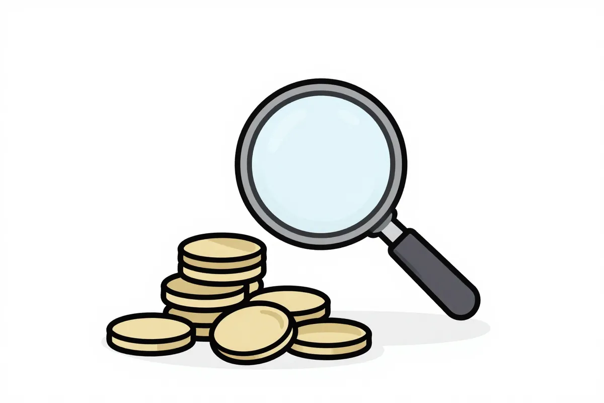a magnifying glass over a pile of coins