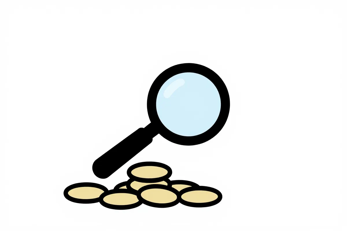 a magnifying glass over a pile of coins