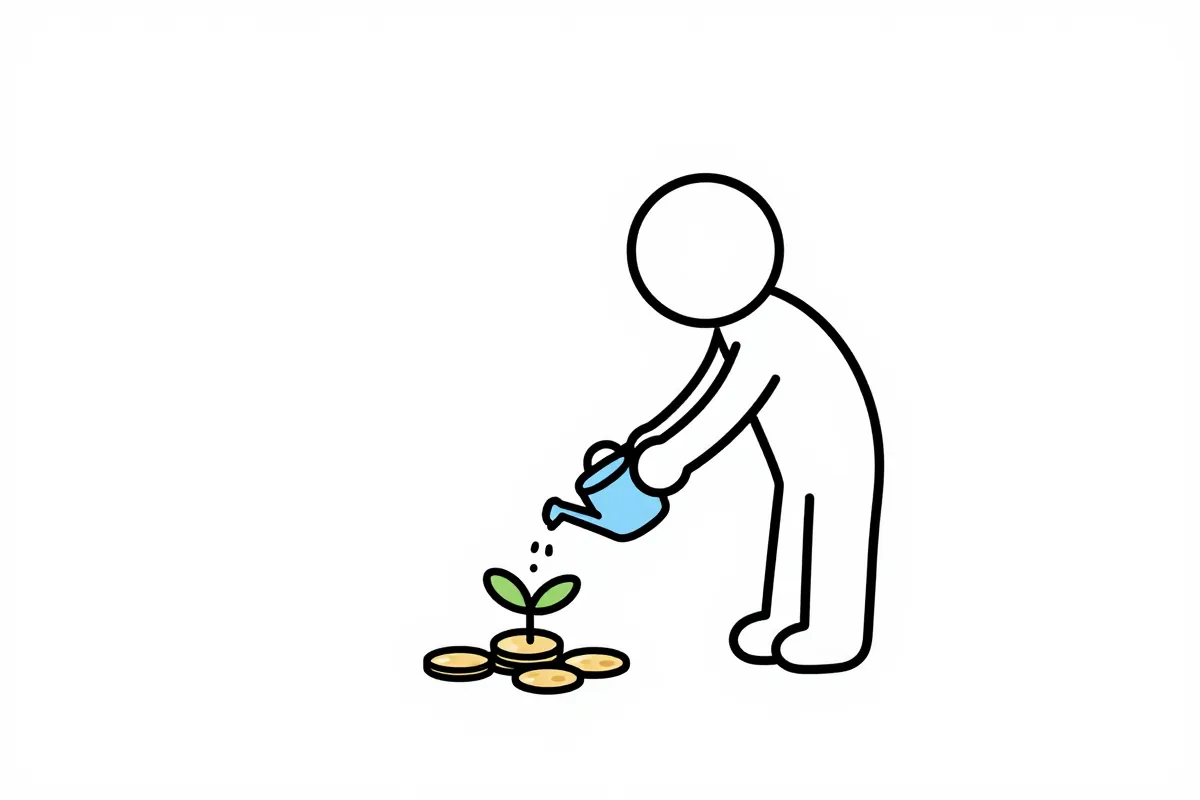 a stick figure watering a small plant growing from coins