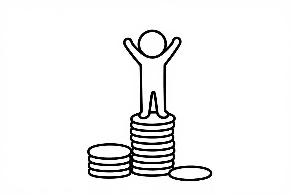 a stick figure standing on a tall stack of coins raising both arms in victory