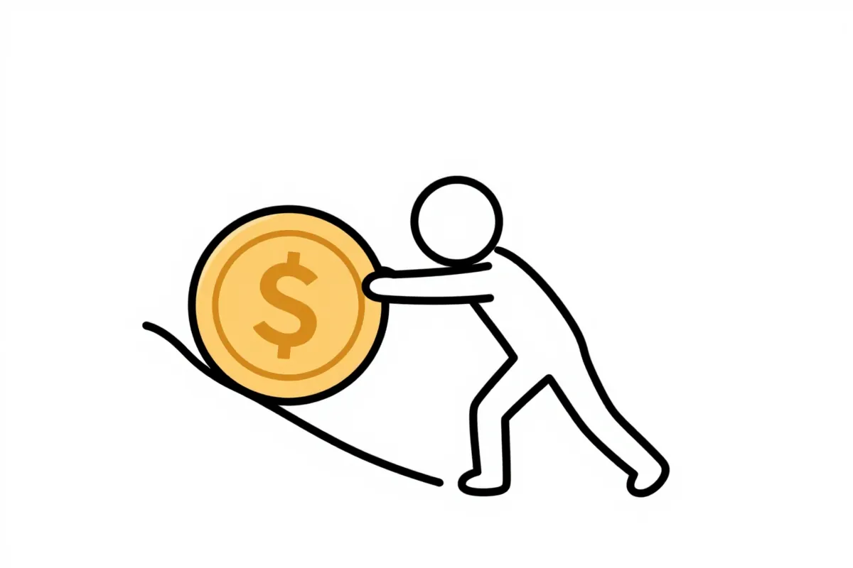 a stick figure pushing a large coin uphill
