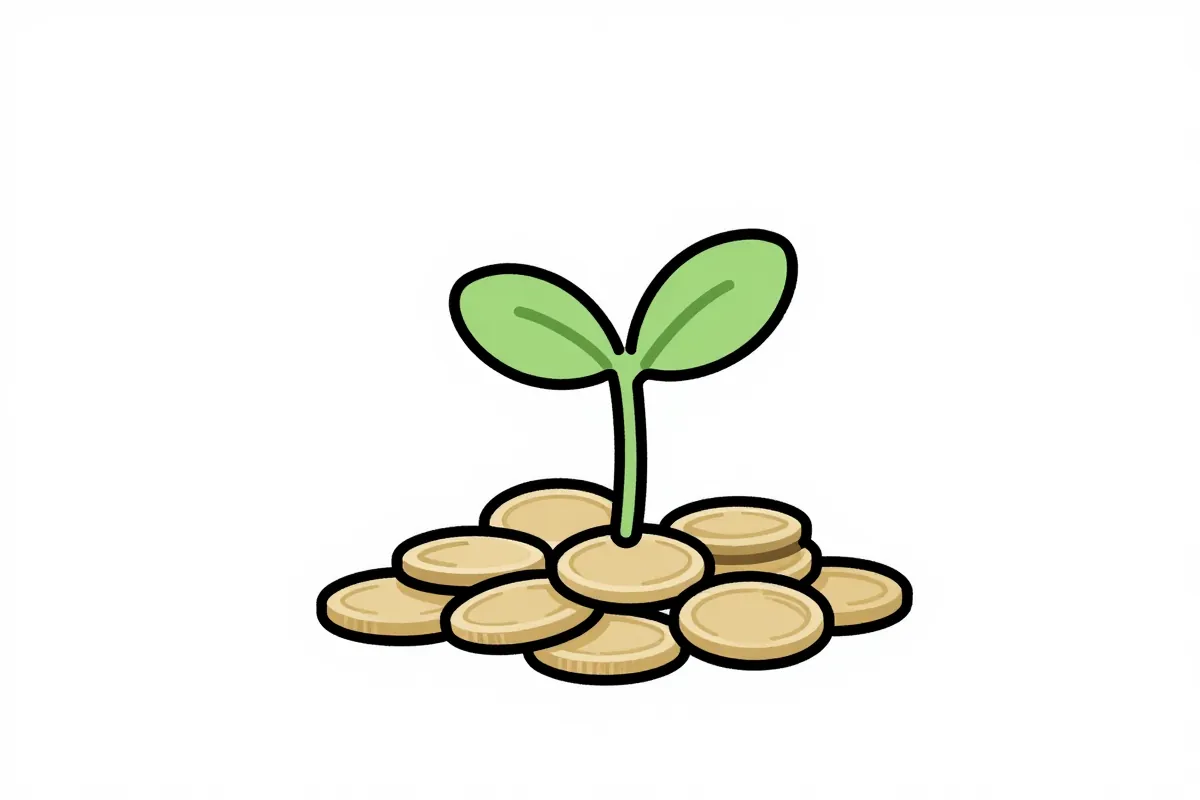 a seedling sprouting from a pile of coins