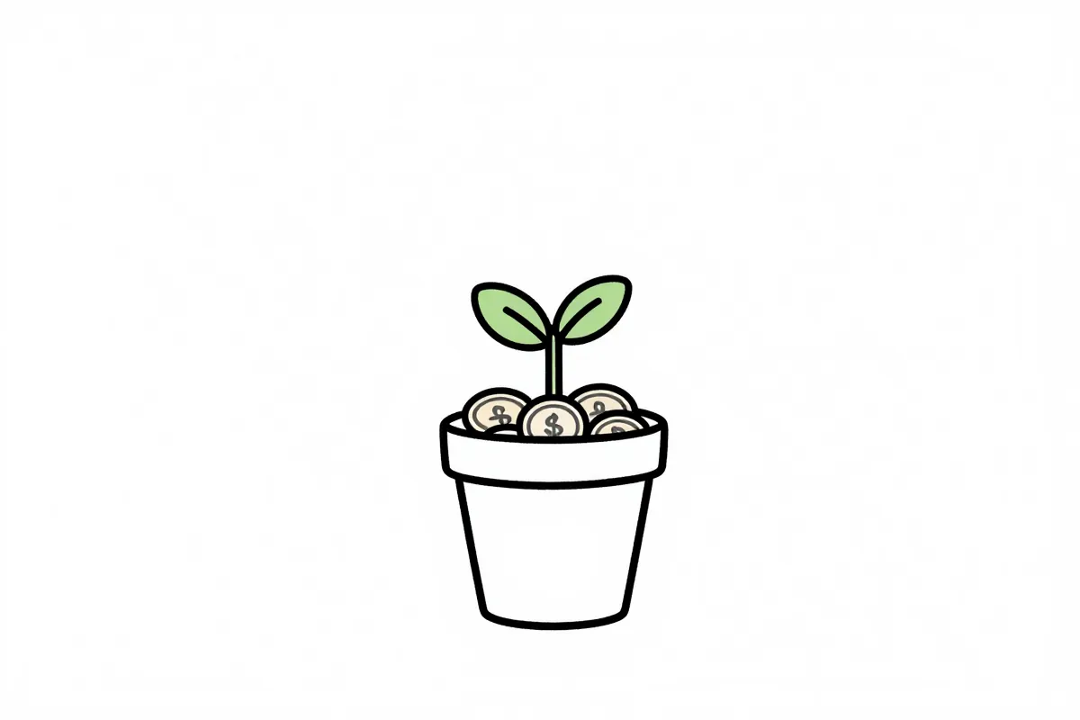 a small plant growing out of a pot filled with coins
