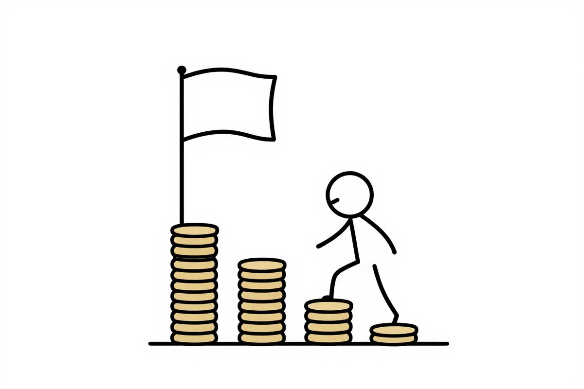 a stick figure climbing a staircase made of coins toward a flag