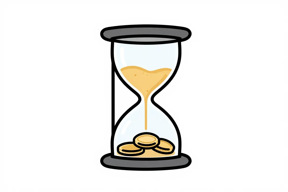 an hourglass with coins instead of sand