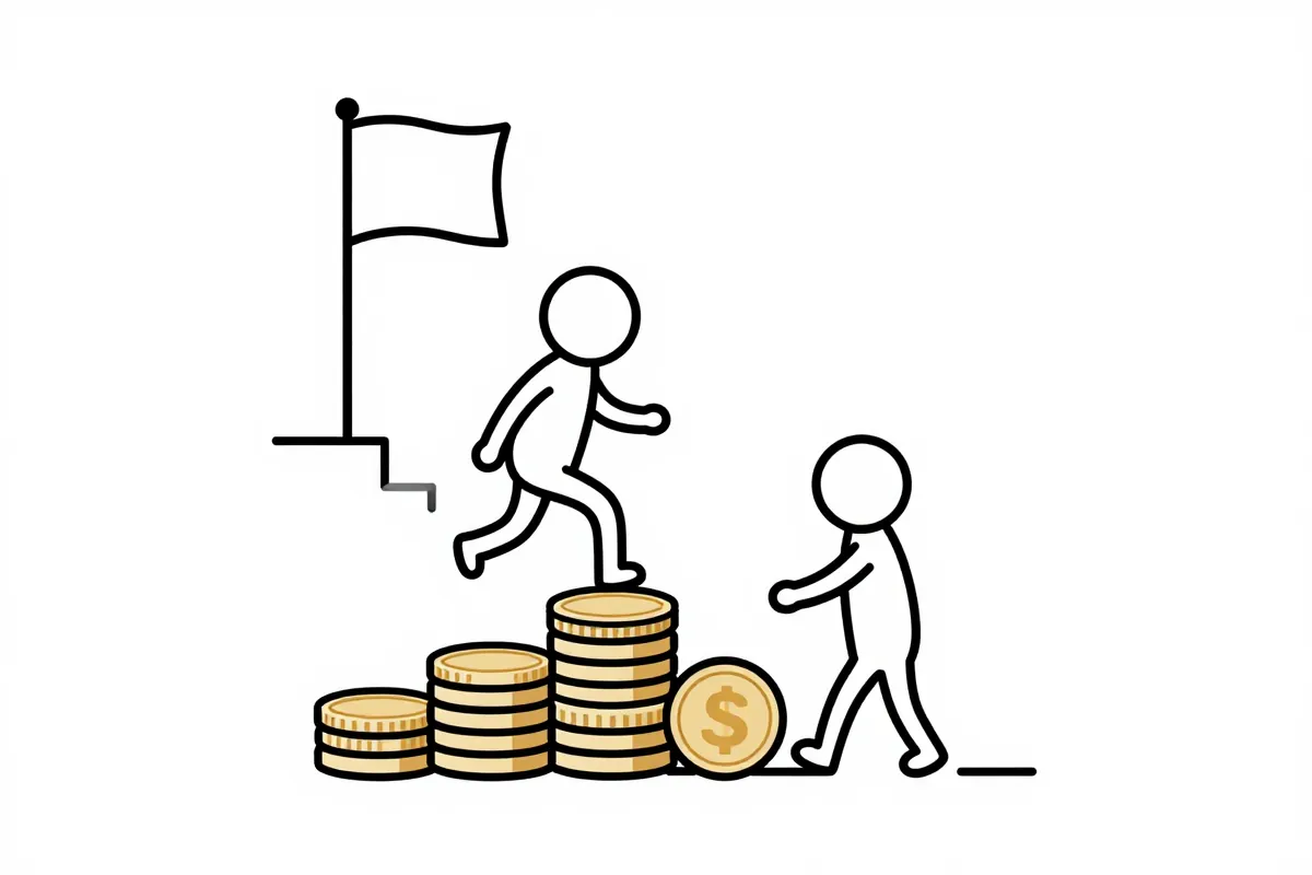 a stick figure climbing a staircase made of coins toward a flag