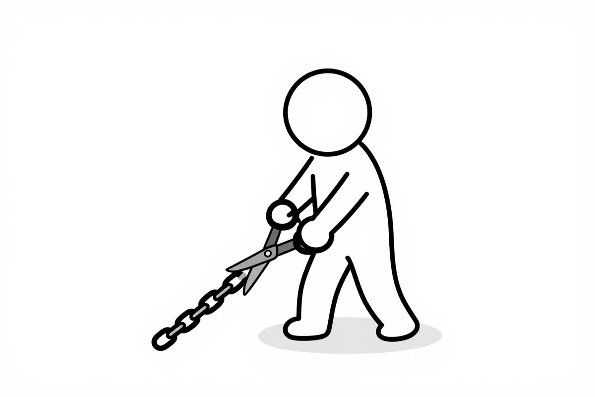 a stick figure cutting a chain with scissors