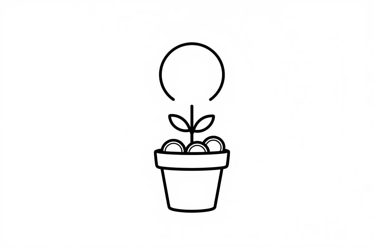 a small plant growing out of a pot filled with coins