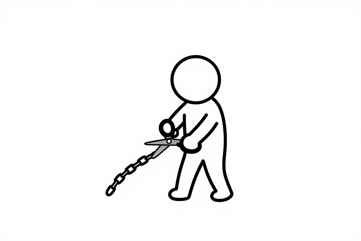 a stick figure cutting a chain with scissors