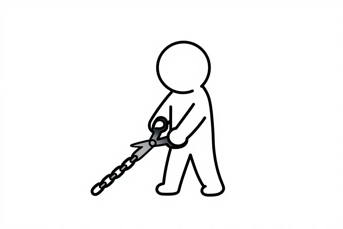 a stick figure cutting a chain with scissors