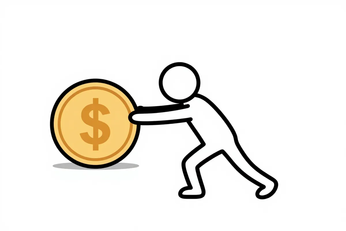 a stick figure pushing a large coin uphill